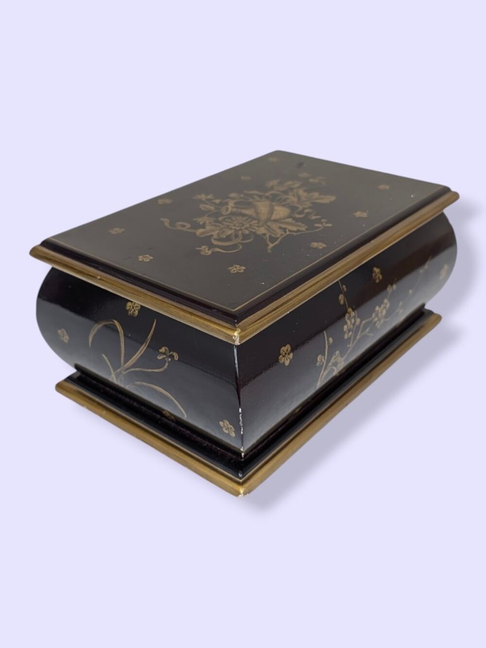 Metallic Floral Painted Wood Hinged Lid Jewelry Box